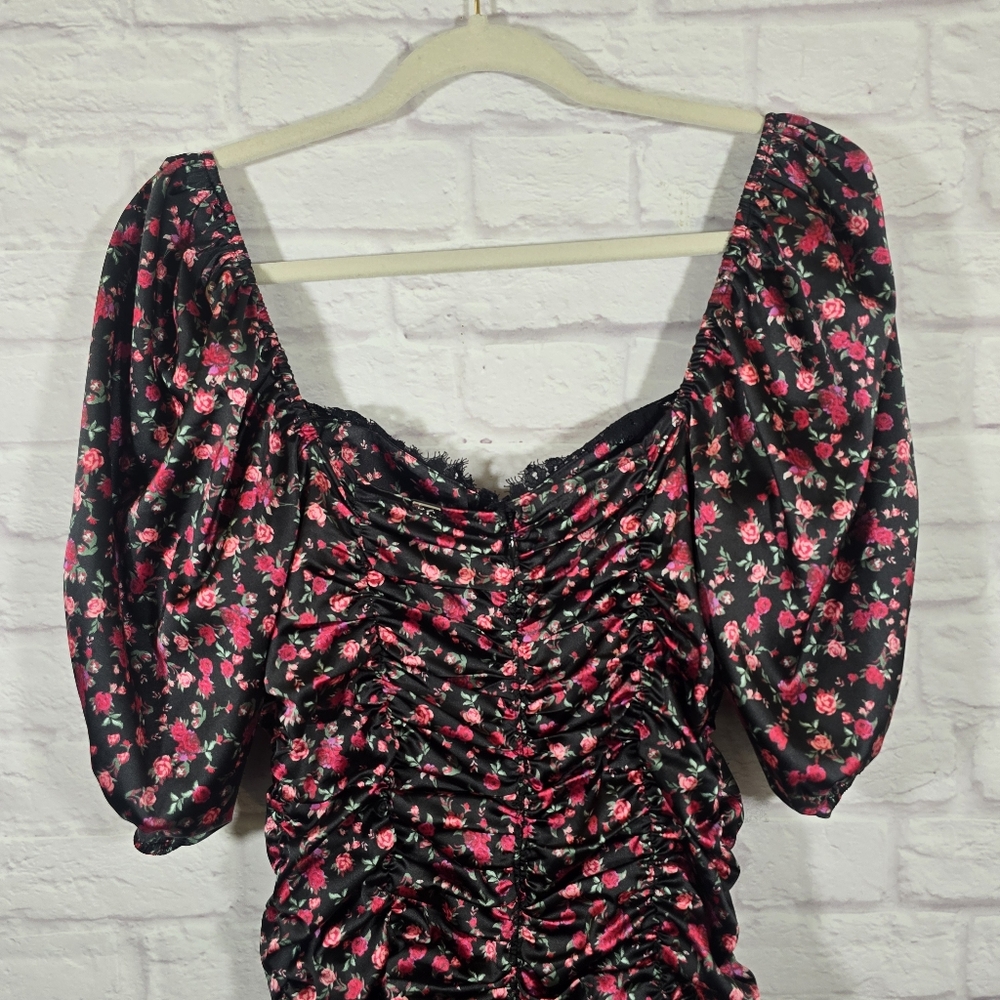 For Love & Lemons Black Off-Shoulder Ruched Mini Dress with Floral Print - Picture 10 of 15